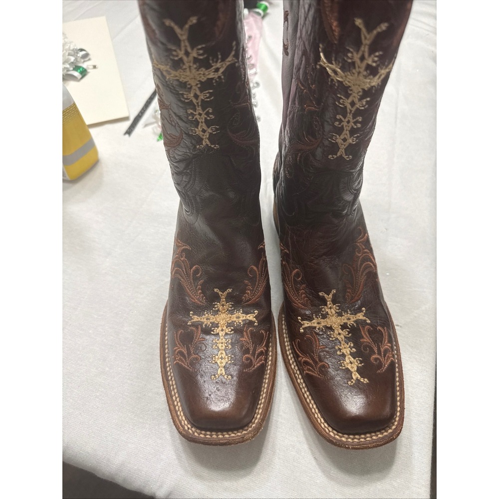 Circle G  Womens Brown Leather Cross Embroidered Square Toe Western Cowboy Boots
